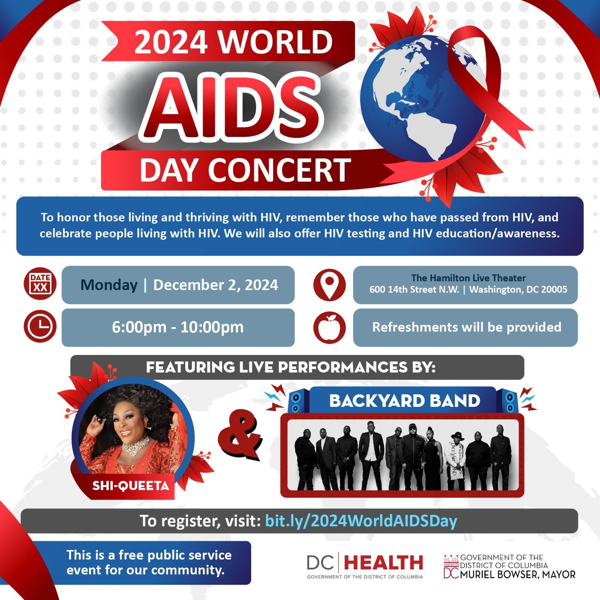 Tomorrow!

Join <a href="/_DCHealth/">DC Health</a> for the 2024 World AIDS Day Concert—an event dedicated to honoring lives lost, celebrating resilience, and strengthening our community.

There will be live performances, resources, and more—for free:

⏰6PM
📍600 14th St NW
➡️bit.ly/2024WorldAIDSD…