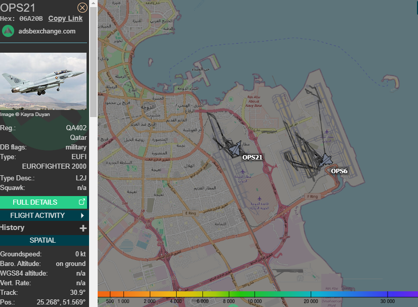 5472_nde's tweet photo. ADSB-Exchange is showing a couple of #QatarAF Flying Wing 1 Eurofighters on ground with c/s OPS 6/21 = QA402 (ex ZR503) & QA405 (ex ZR506) 2014z https://t.co/rwQ1He1zjf