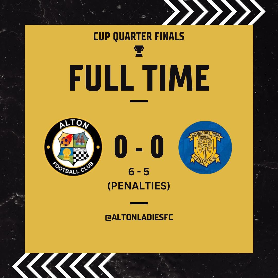 RESULT: Cup Quarter Final 

Alton Ladies 🆚 Basingstoke Town  
Alton win 6-5 on penalties ⚪️⚫️