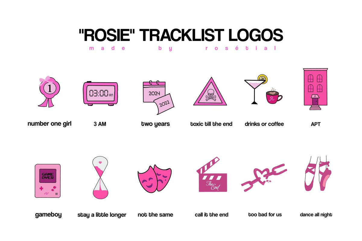 rosetial's tweet image. 'ROSIE' Tracklist Logos 🎵🩷

@numberoneHQ #ROSÉ #로제