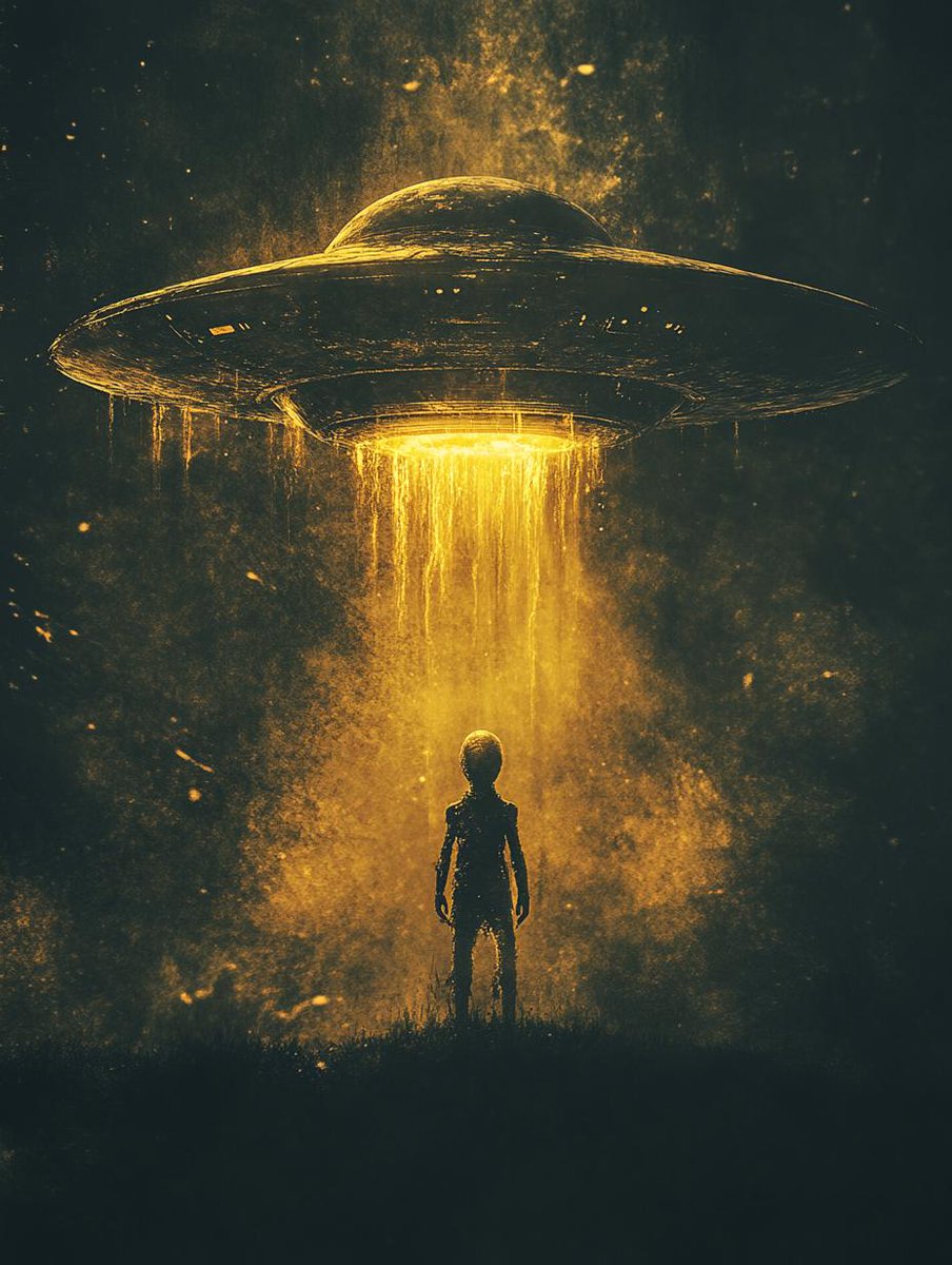 FableFrequency's tweet image. Visitors have arrived on Earth, their presence bathed in an eerie golden glow. 👽🛸

#SciFiArt #UFOArt