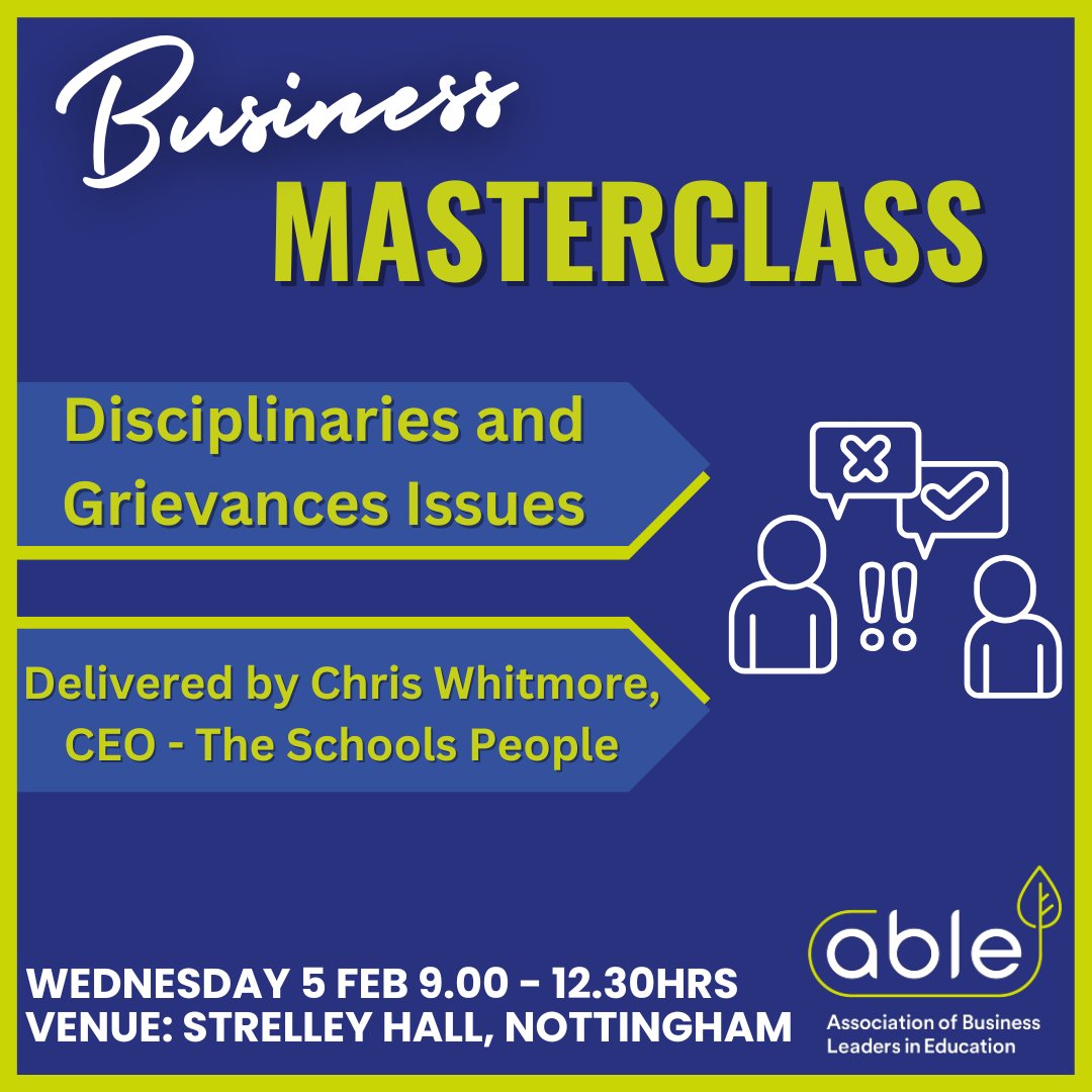 🎓 Join our Masterclass: Disciplinaries &amp; Grievances 

✅ Legal background &amp; framework
✅ Effective workplace policies
✅ Avoiding common pitfalls
✅ Practical tools for success

📅 Free for Members | £75+VAT Non-Members
🔗 Register now: ablepro.info/conferences/

#HR #Education