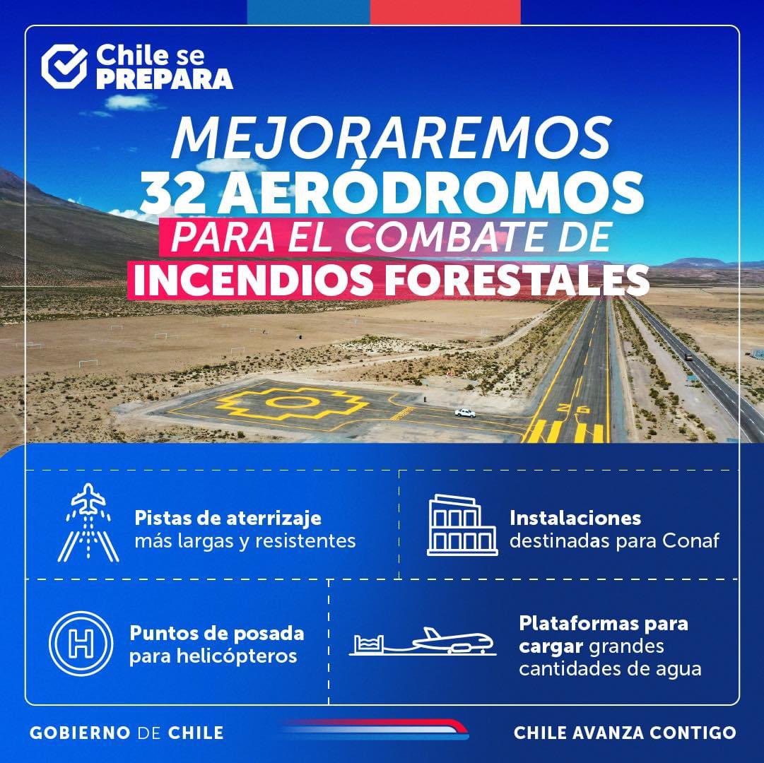 Nos preparamos para el combate de incendios forestales optimizando en distintos puntos del país las condiciones de operación y seguridad para las aeronaves de CONAF. Por esto, mejoraremos la infraestructura de 32 aeródromos en distintas regiones del país 🇨🇱 #ChileSePrepara