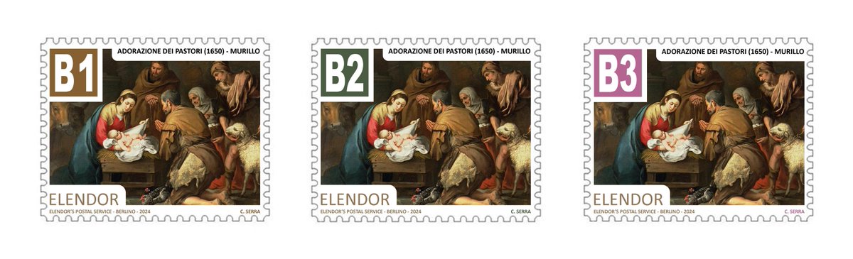 #Filatelia - Emessi oggi tre francobolli della serie tematica "le Ricorrenze" dedicati al Santo Natale. Su ciascun valore è riprodotto "Adorazione dei pastori" di Bartolomé Esteban Murillo, realizzato nel 1650 (ca) e conservato al "Museo Nacional del Prado" di Madrid (Spagna).