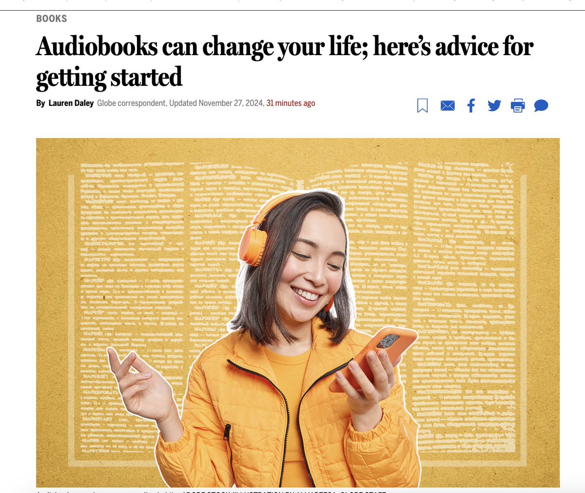 I'm an #audiobook nerd, and here to spread the #audiobooks love: Wrote about the best apps and narrators to start an ear-reading life. For <a href="/BostonGlobe/">The Boston Globe</a> 

bostonglobe.com/2024/11/27/art…