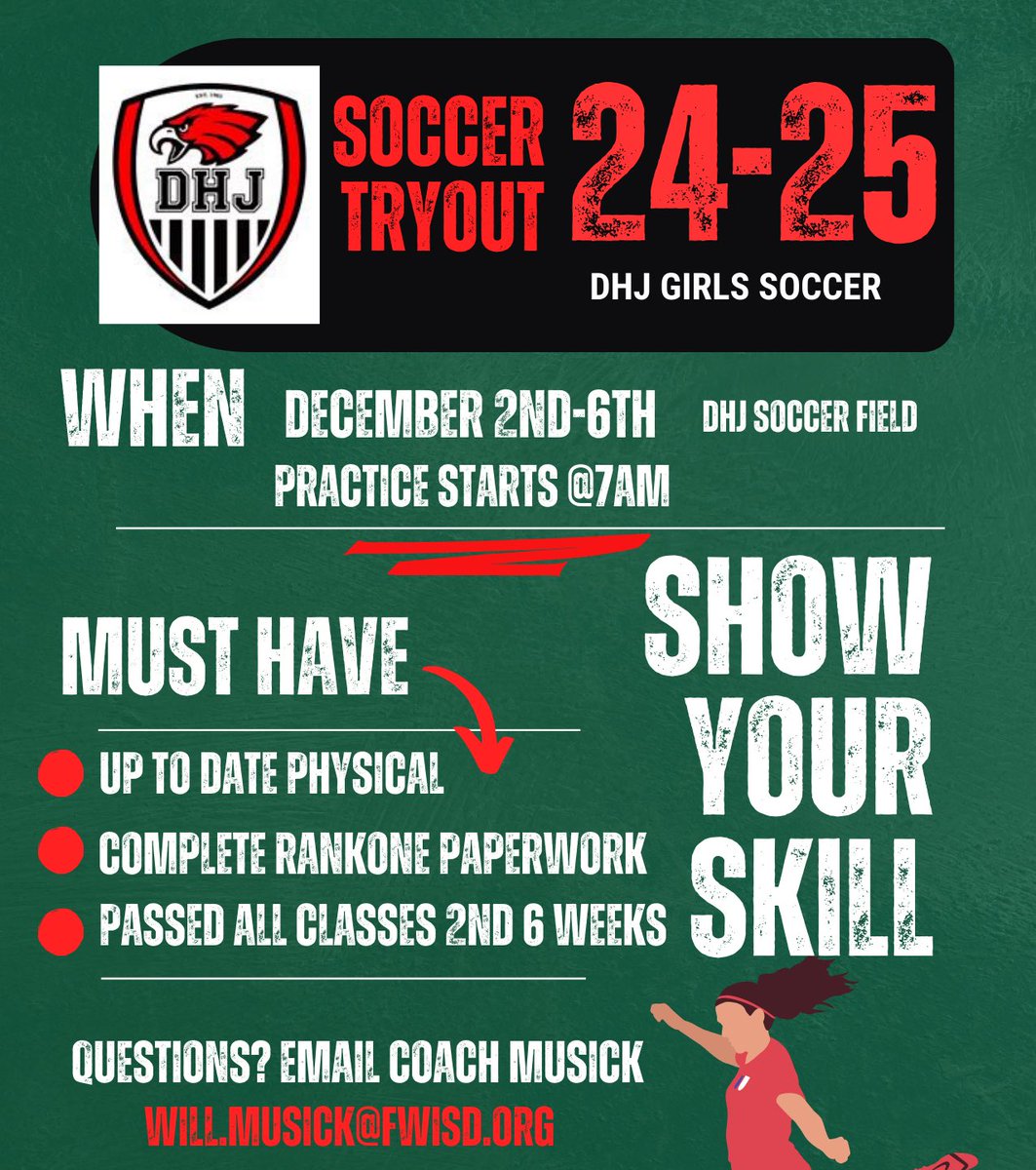 🚨Soccer Season is here! 🚨

Practice starts tomorrow at 7AM - tryouts last December 2nd-6th

Anyone interested in joining must have an up to date physical and complete their rankone forms!