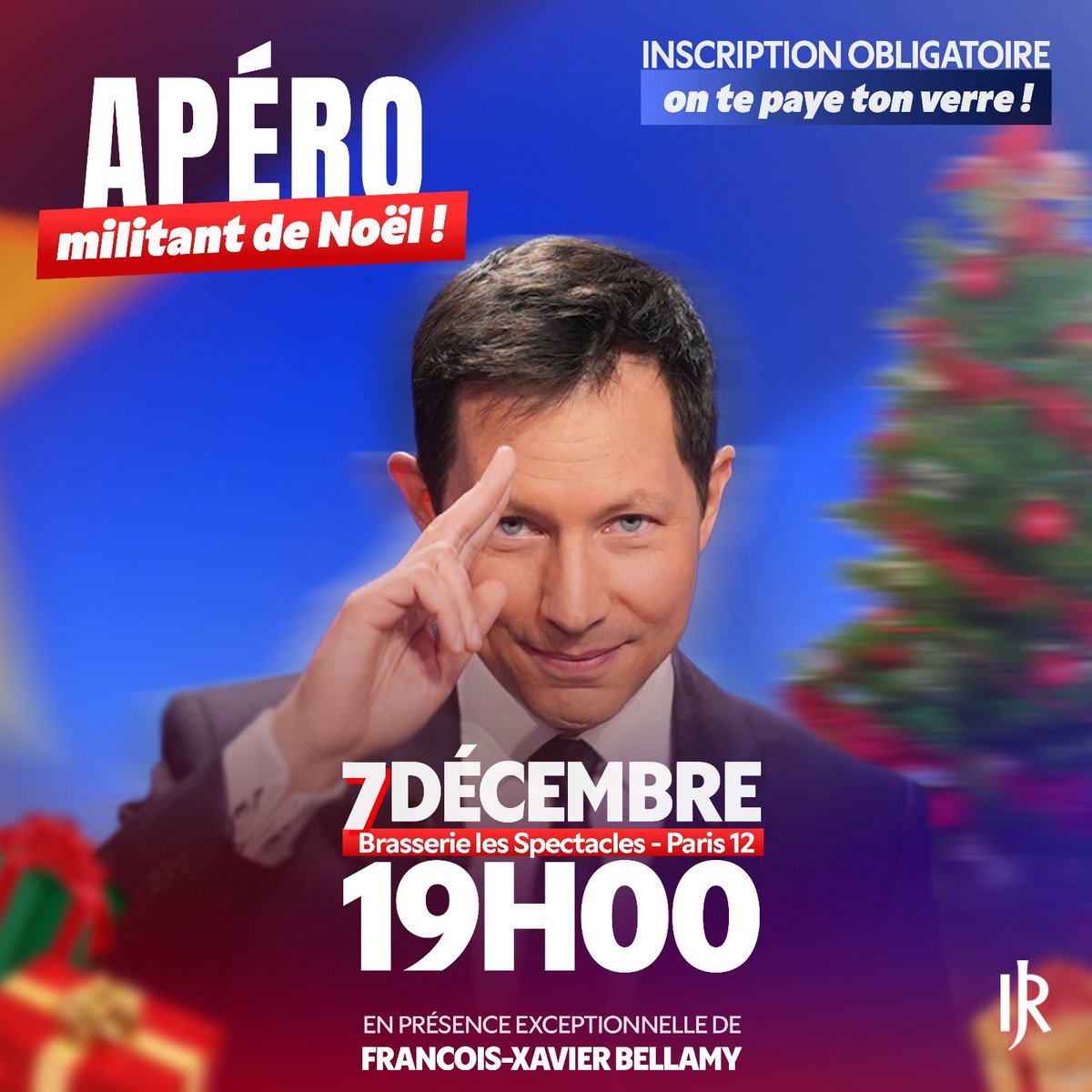 IT’S TIIIIME ! 

Le 7 décembre à 19h, rejoignez-nous à Paris pour une grande soirée conviviale autour de FX Bellamy ! 🇫🇷

ON TE PAIE TON VERRE ! 😍🍻

INSCRIPTIONS OBLIGATOIRES !
🔗 docs.google.com/forms/d/1ZOsg5…

➡️Samedi soir à la brasserie « Les Spectacles » dans le 12e arr ! 🕺🏽