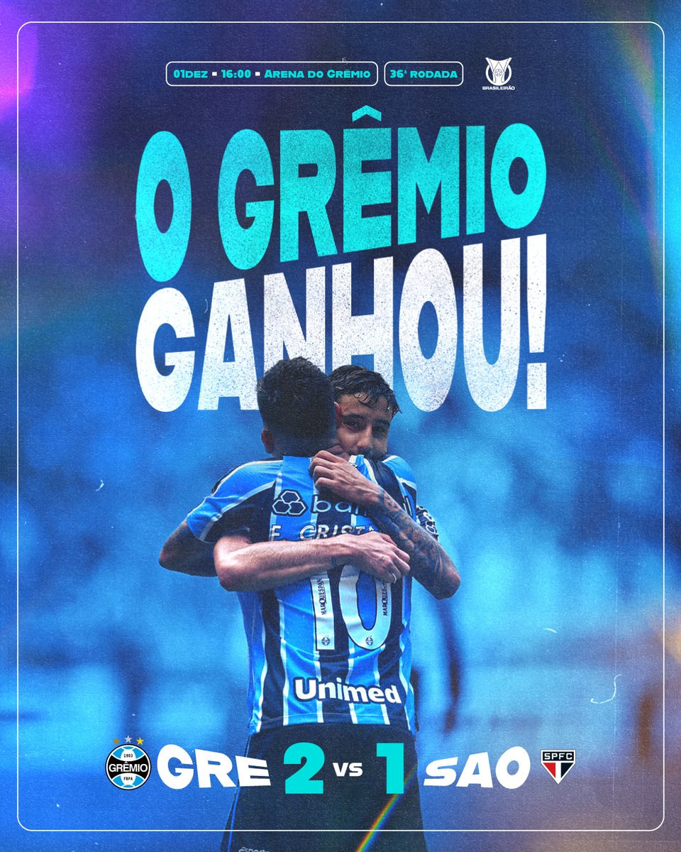 Gremio's tweet photo. O GRÊMIO GANHOU: #Grêmio 2x1 São Paulo
Com 90 minutos de apoio incondicional da nossa torcida, conquistamos três pontos importantíssimos nessa reta final de #Brasileirão2024. A MAIOR DO SUL!
🇪🇪 #GRExSAO https://t.co/7K4n3tS1eQ