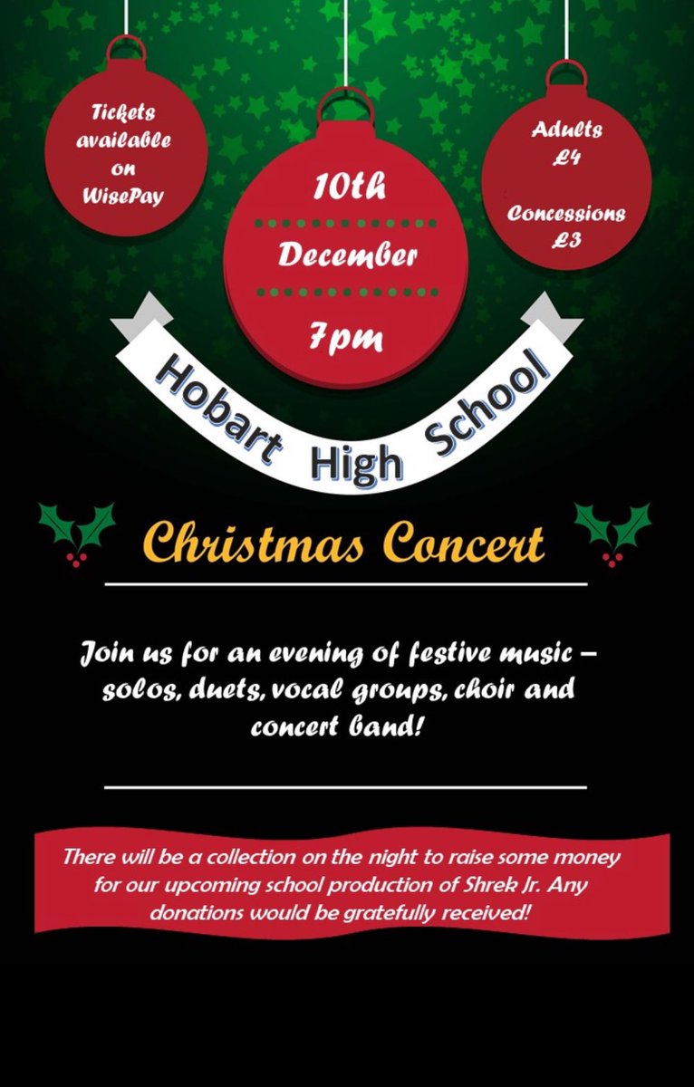 It’s that time of year again! <a href="/HobartHigh/">Hobart High School</a> Christmas Concert 🎄🎵
Tickets available now on WisePay 🎟️

wisepay.co.uk/store/generic/…