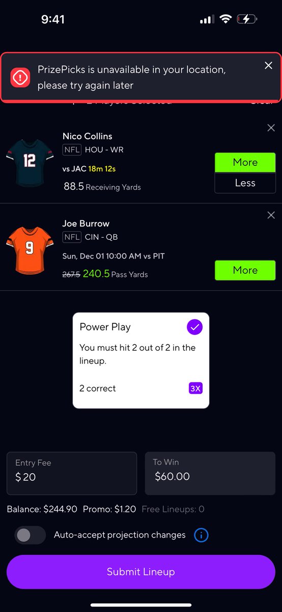 KylePittsLover8's tweet photo. @PrizePicks couldn’t place this slip cause of this BS error when im in CA. Support didn’t even respond in time to let me place https://t.co/Dm9QLqTpoc