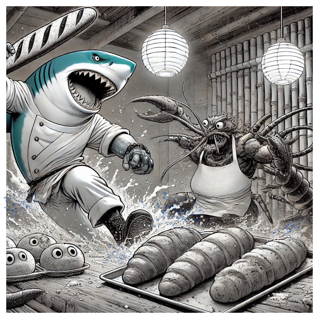 Guppyinchief's tweet photo. Flour-stained floors. A baguette dripping with blood.
Fin doesn’t bake—he breaks
‘We FINna get this bread’ isn’t a slogan. It’s a warning
Stay out of the bakery. Or end up in the dough
#FinTheShark #BloodInTheBakery #GrittyComics #SharksOnly #BreadOrDead @FinTheSharkXRPL https://t.co/EsWR2AnvFz