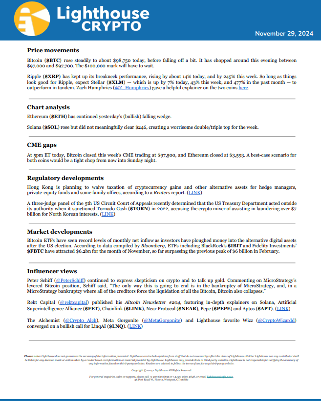 LighthouseCRPTO's tweet photo. Amended Lighthouse Crypto brief for November 29, 2024. Two typos have been corrected; Lighthouse apologizes for the errors. $BTC $ETH $XRP $XLM

PDF available here: https://t.co/iPX077kQ1V https://t.co/mQqEQtv13M