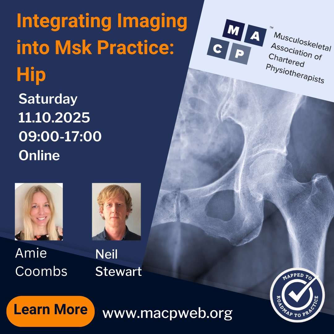 MACP (@physiomacp) on Twitter photo Do you work with patients with hip pain?
Would you like to feel more confident reviewing their imaging?
This fantastic course with expert tutors
<a href="/AmieCoombs2/">Amie Coombs</a> and <a href="/neilstewart101/">Neil Stewart</a> will improve your clinical reasoning.
Secure your place here👇🏽
macpweb.org/events/calenda… Do you work with patients with hip pain?
Would you like to feel more confident reviewing their imaging?
This fantastic course with expert tutors
<a href="/AmieCoombs2/">Amie Coombs</a> and <a href="/neilstewart101/">Neil Stewart</a> will improve your clinical reasoning.
Secure your place here👇🏽
macpweb.org/events/calenda…