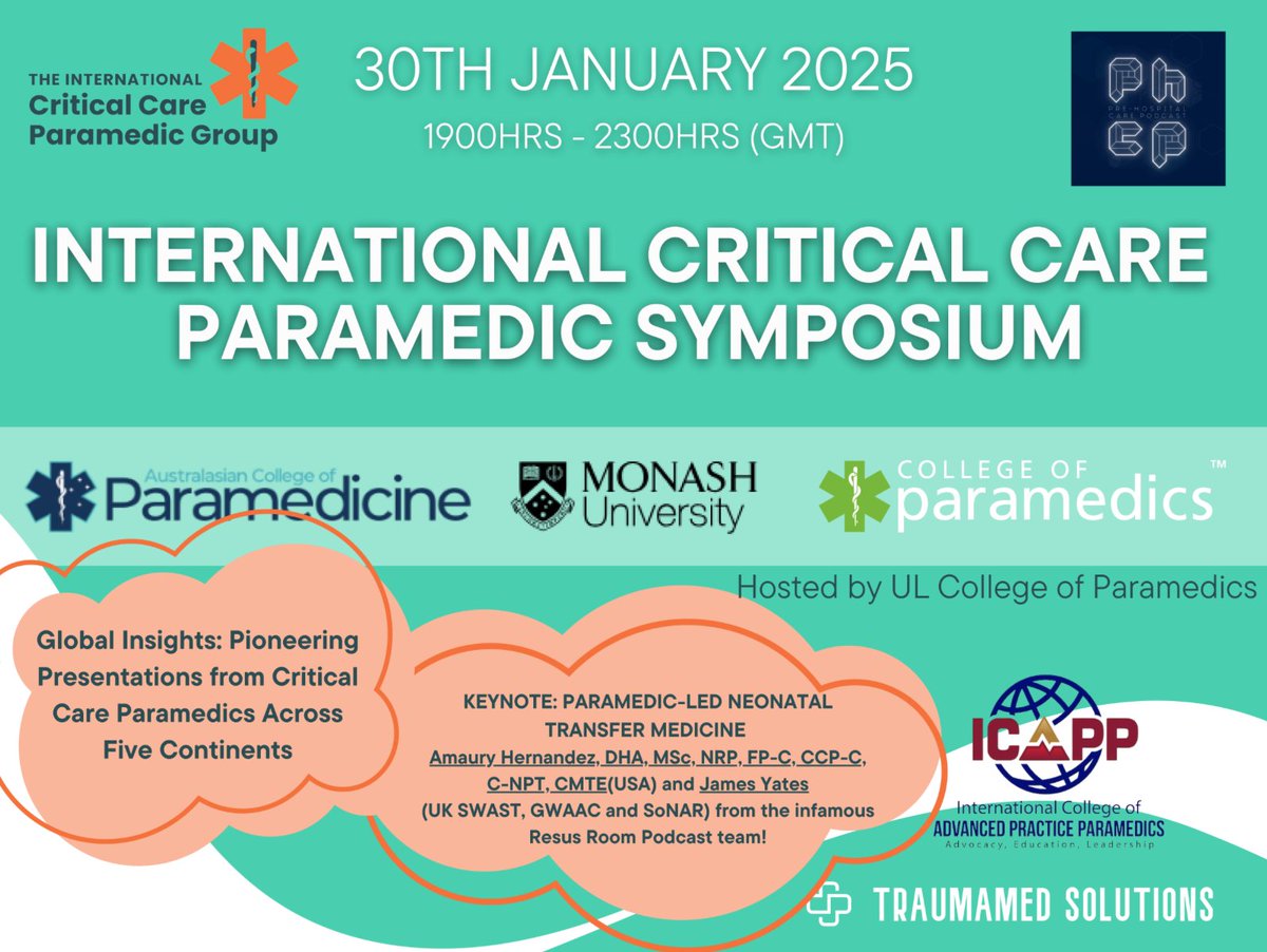 monash_para's tweet photo. We are proud to announce our support of the International Critical Care Paramedic Symposium (hosted by @ParamedicsUK) in 2025. Tickets &amp; more information now available at: https://t.co/4x9WwrQseu!
📌 What: 4 hour virtual symposium.
📌 When: 30/01/2025, 1900-2300 UK time. https://t.co/QptccWhGHq
