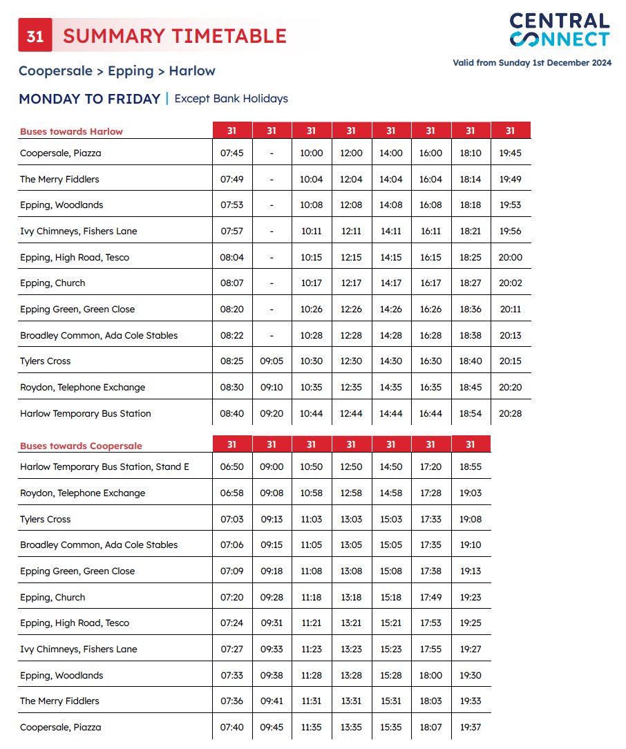 CC_EssexHerts's tweet image. A revised timetable starts today on Service 31 with additional running time during the AM peak to improve reliability. 

An additional journey will also operate from Tylers Cross and Roydon to Harlow at 0905.