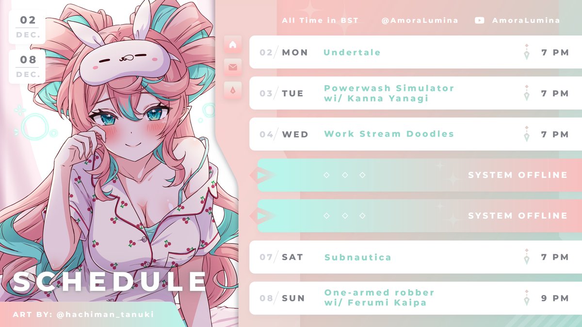 AmoraLumina's tweet photo. 💗DEC 02 - DEC 08💗

We're back into it!! I'm so excited to spend time with you :D

【TAGS】 
OSHI MARK - 💗🚀
LIVE - #AmoraLive
GENERAL - #AmoraLumina
CLIPS - #AmoraClips
ART - #LuminArti
MEMES - #LumiLaughs
FAN NAME - Luminauts https://t.co/5ox7p0ddKF
