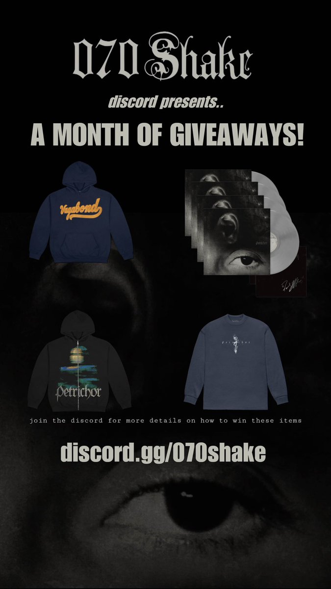 070shakenews's tweet photo. NEW 070 SHAKE MERCH GIVEAWAYS!! 
ALL MONTH LONG 

WEEK 1: VAGABOND HOODIE
WEEK 2: PETRICHOR ZIP HOODIE 
WEEK 3: PETRICHOR THERMAL LONG SLEEVE
WEEK 4: SIGNED PETRICHOR VINYL 

JOIN DISCORD FOR INFO
https://t.co/xI5kkfJNvn https://t.co/qopvvVTIjs