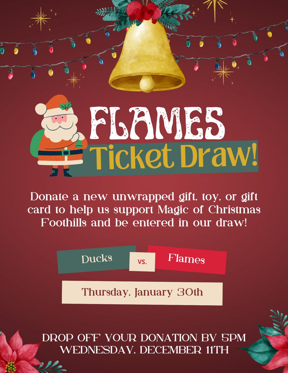 southernalberta's tweet image. It’s a holiday edition Flames ticket giveaway!

To enter, drop off an unwrapped gift or gift card at our office in Okotoks in support of Magic of Christmas Foothills to be entered to win tickets to the January 30th game!

Deadline is Wednesday, December 11th at 5pm!