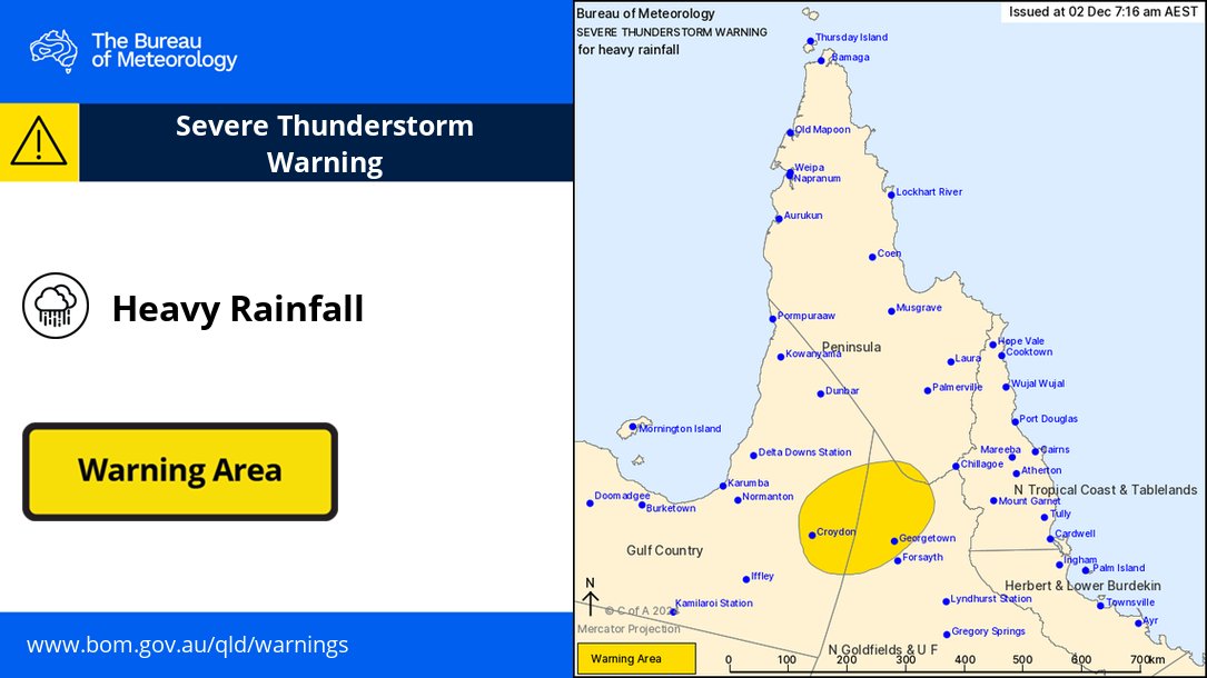 BOM_Qld's tweet photo. ⚠️⛈️Severe Thunderstorm Warning for HEAVY RAINFALL
In parts of #GulfCountry, #NorthernGoldfieldsUpperFlinders and #Peninsula Forecast Districts.

Severe thunderstorms producing heavy rainfall have developed in the north of the state.

Details: https://t.co/m3kl9lft1d https://t.co/XmmaHLurZe