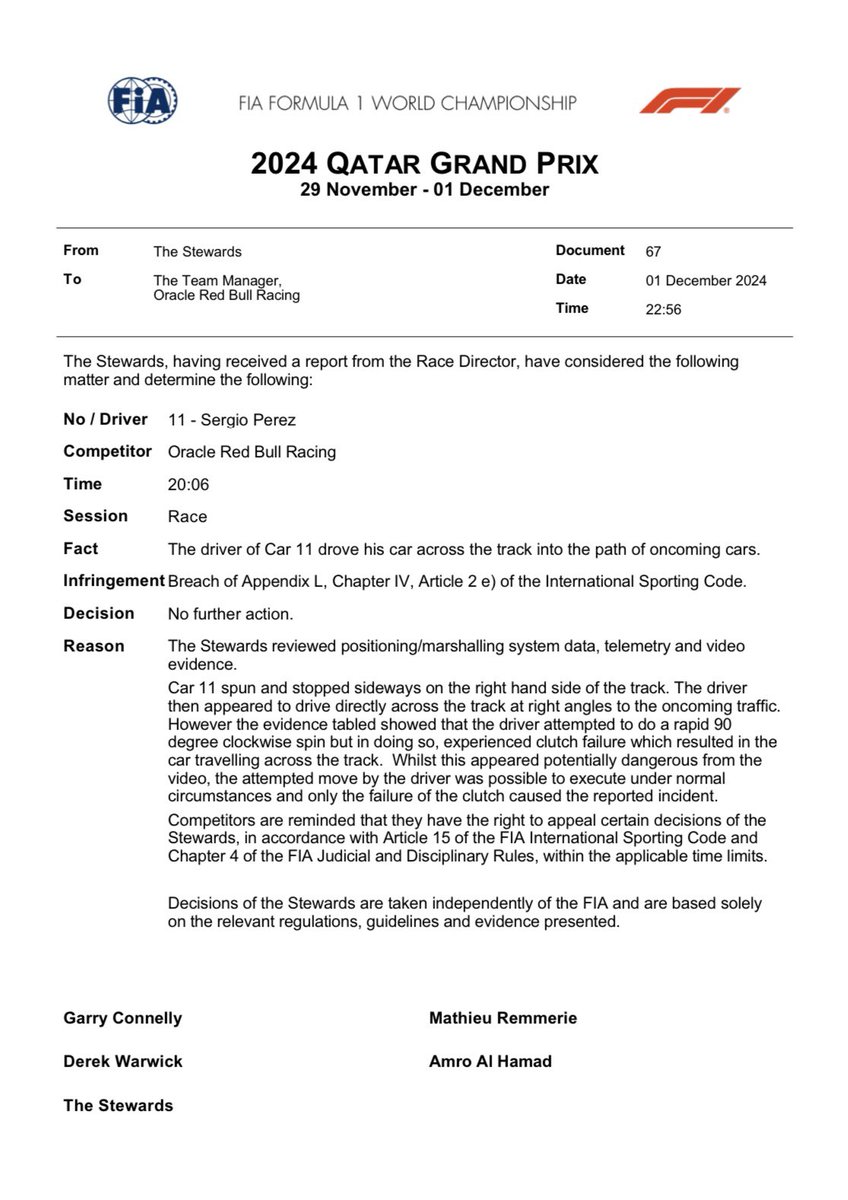 PrimeF1__'s tweet photo. El piloto mexicano, @SChecoPerez, queda libre de penalización tras el incidente que lo dejó fuera del #QatarGP. Estás fueron las razones de los comisarios:

“El coche 11 giró y se detuvo de costado en el lado derecho de la pista. Luego, el piloto pareció manejar directamente a través de la pista en ángulo recto con el tráfico que venía en sentido contrario.

Sin embargo, las pruebas presentadas demostraron que el piloto intentó hacer un giro rápido de 90 grados, en el sentido de las agujas del reloj, pero al hacerlo, sufrió una falla del embrague, que provocó que el coche se desplazara a través de la pista. Si bien esto parecía potencialmente peligroso en el video, el intento de maniobra del conductor era posible de ejecutar en circunstancias normales y solo la falla del embrague causó el incidente denunciado.” 🔥🇲🇽