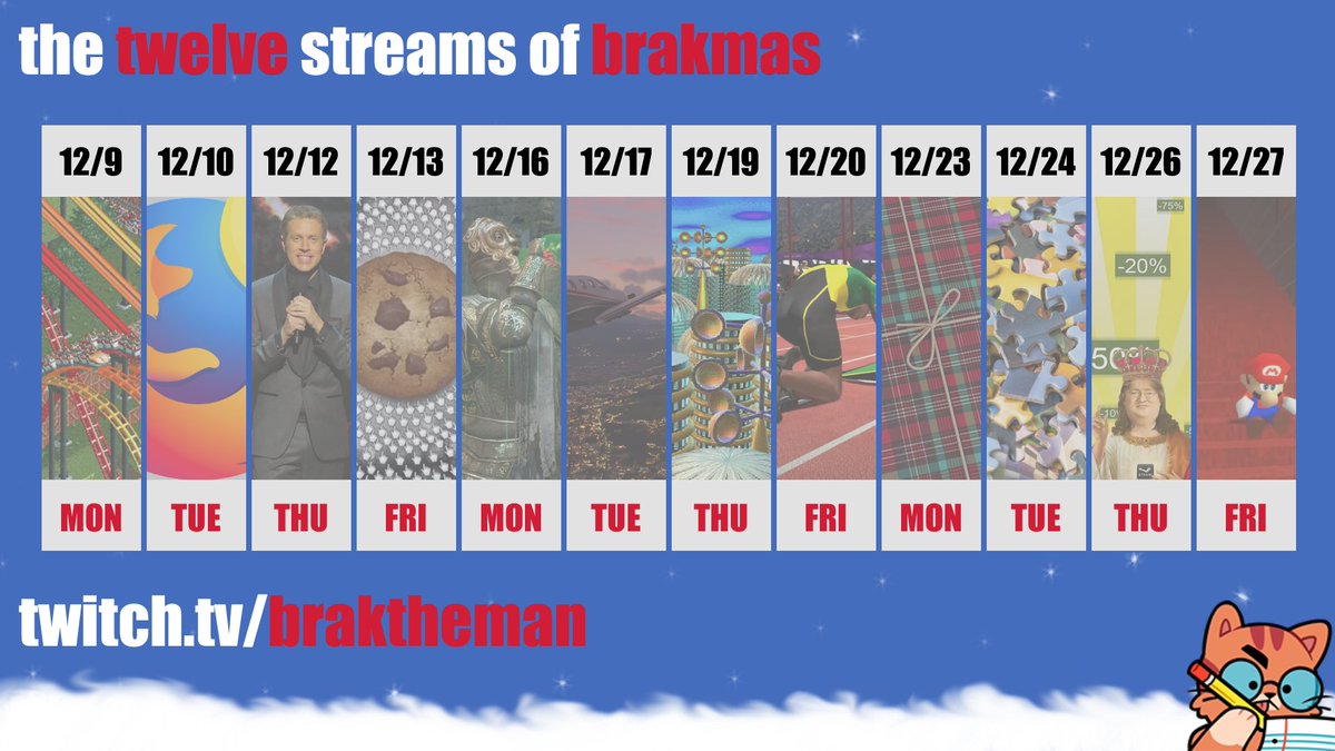 braktheman's tweet photo. Starting the ninth of December I'll be doing a three week long series of one-off streams dubbed The Twelve Streams of Brakmas.

Excessive gimmicks incoming.

Should be a good time and totally normal.

Most streams will start at 8e/7c.

Over on my ttv @ braktheman https://t.co/nJoFwH9tdS