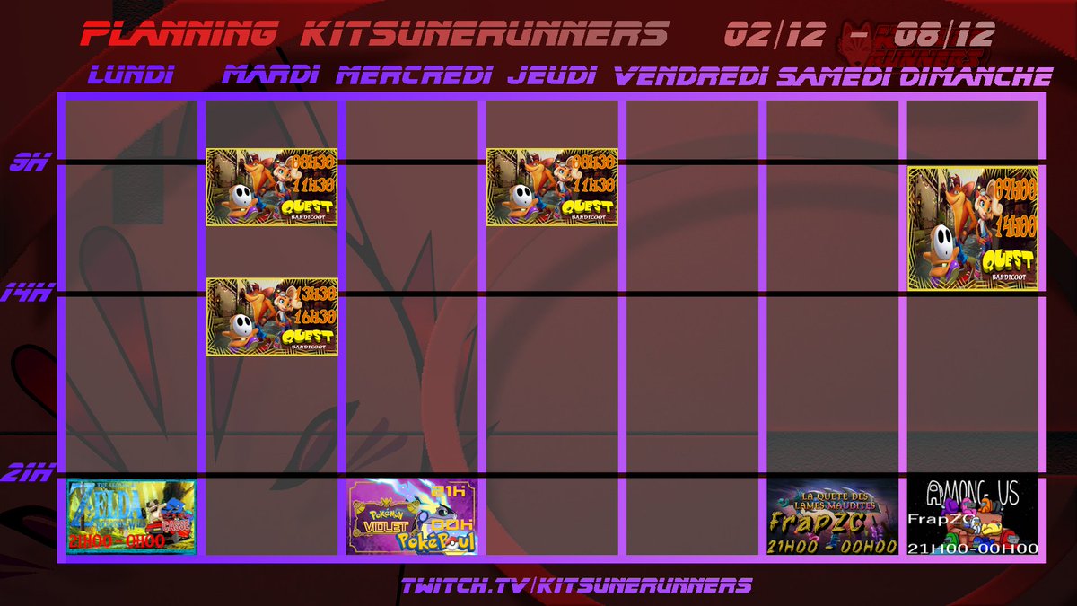 KitsuneRunners's tweet photo. Bonsoir bonsoir !!
Voici le planning pour la semaine du 02 au 08 décembre
venez nombreux vous divertir sur https://t.co/zZoD9rSVkZ https://t.co/V8bl97H514