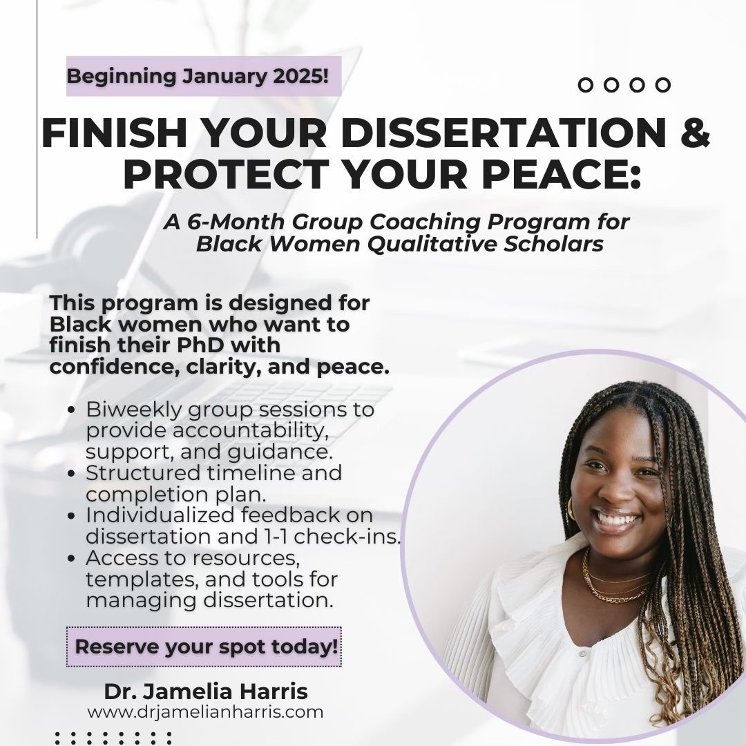 drjameliaharris's tweet image. 🎓✨ Calling all Black women in the dissertation phase!

Join Finish Your PhD &amp;amp; Protect Your Peace, a 6-month coaching program starting Jan 2025.

📋 Build community
💡 Gain strategies
🧘🏿‍♀️ Protect your well-being

🔗 tinyurl.com/ytve6pvm

#DissertationCoaching #BlackWomenPhDs