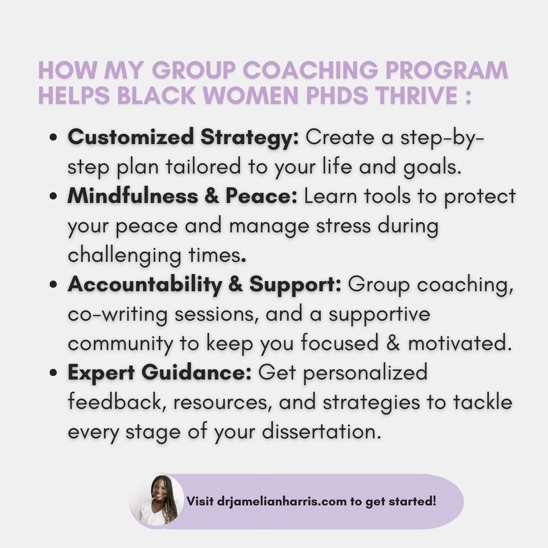 drjameliaharris's tweet image. 🎓✨ Calling all Black women in the dissertation phase!

Join Finish Your PhD &amp;amp; Protect Your Peace, a 6-month coaching program starting Jan 2025.

📋 Build community
💡 Gain strategies
🧘🏿‍♀️ Protect your well-being

🔗 tinyurl.com/ytve6pvm

#DissertationCoaching #BlackWomenPhDs