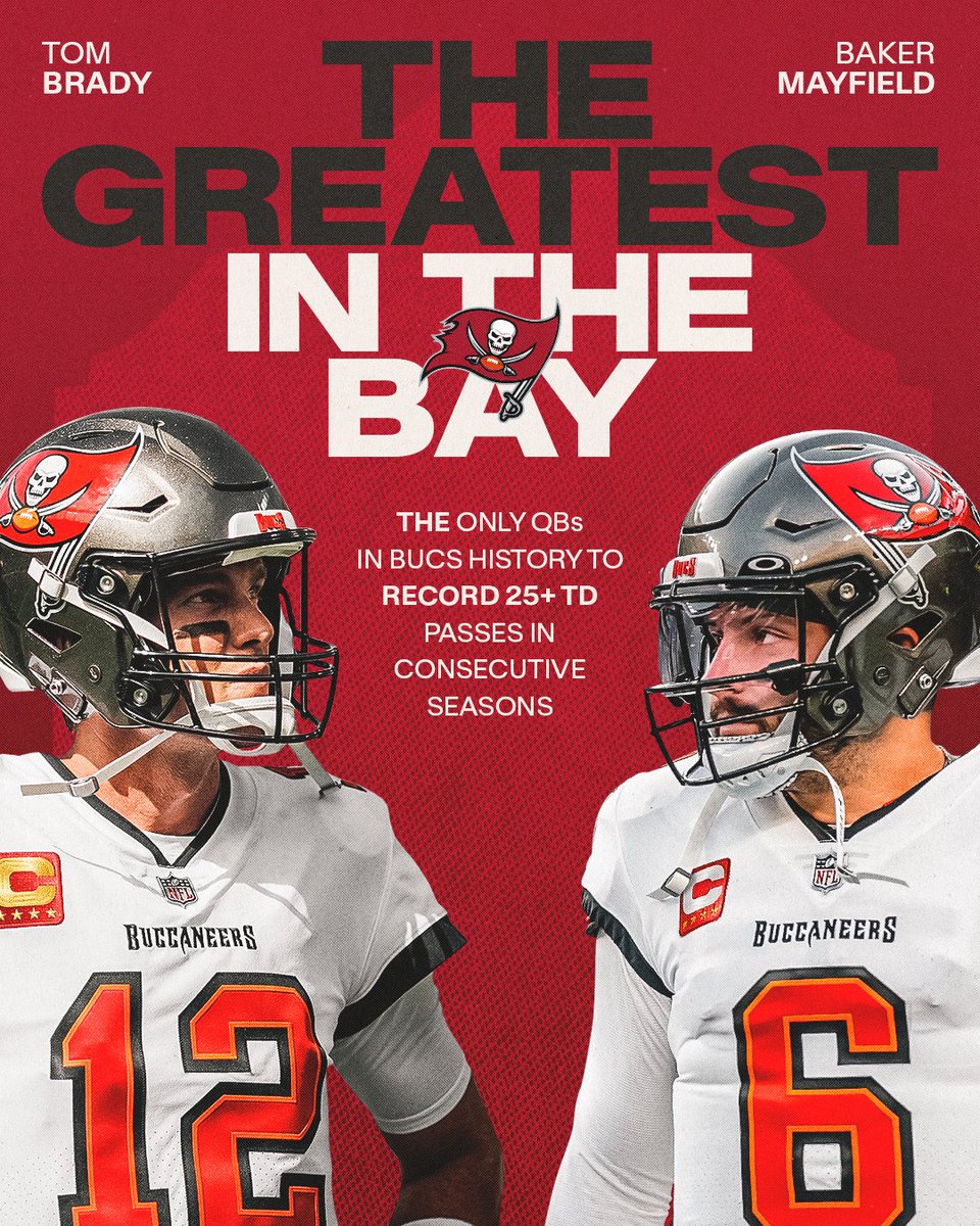 Buccaneers's tweet image. .@bakermayfield joins @TomBrady as the only QBs in franchise history to record 25+ TD passes in consecutive seasons 🔥