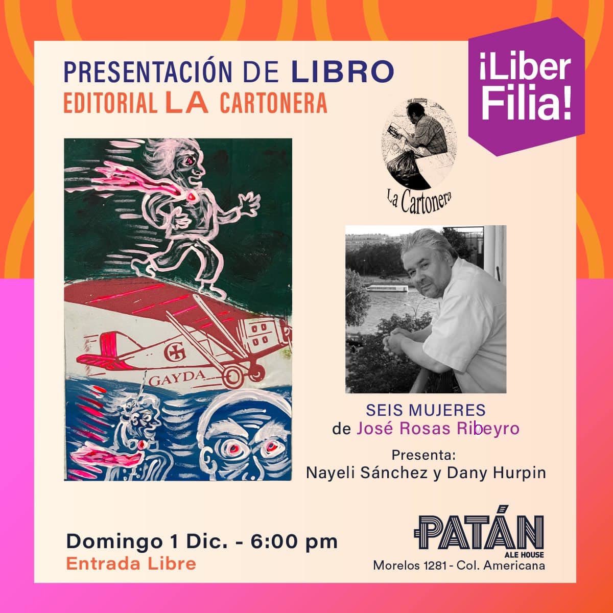 Hoy 1 diciembre, 2024 6pm en <a href="/PatanAleHouse/">Patan Ale House</a> en el festival Liberfilia, se presenta el libro Seis Mujeres, de José Rosas Ribeyro. <a href="/LaCartoneraEd/">LaCartoneraEditorial</a> #editorialescartoneras #editorialesindependientes  #lohermosovieneencarton 
Estamos en la #AEMI