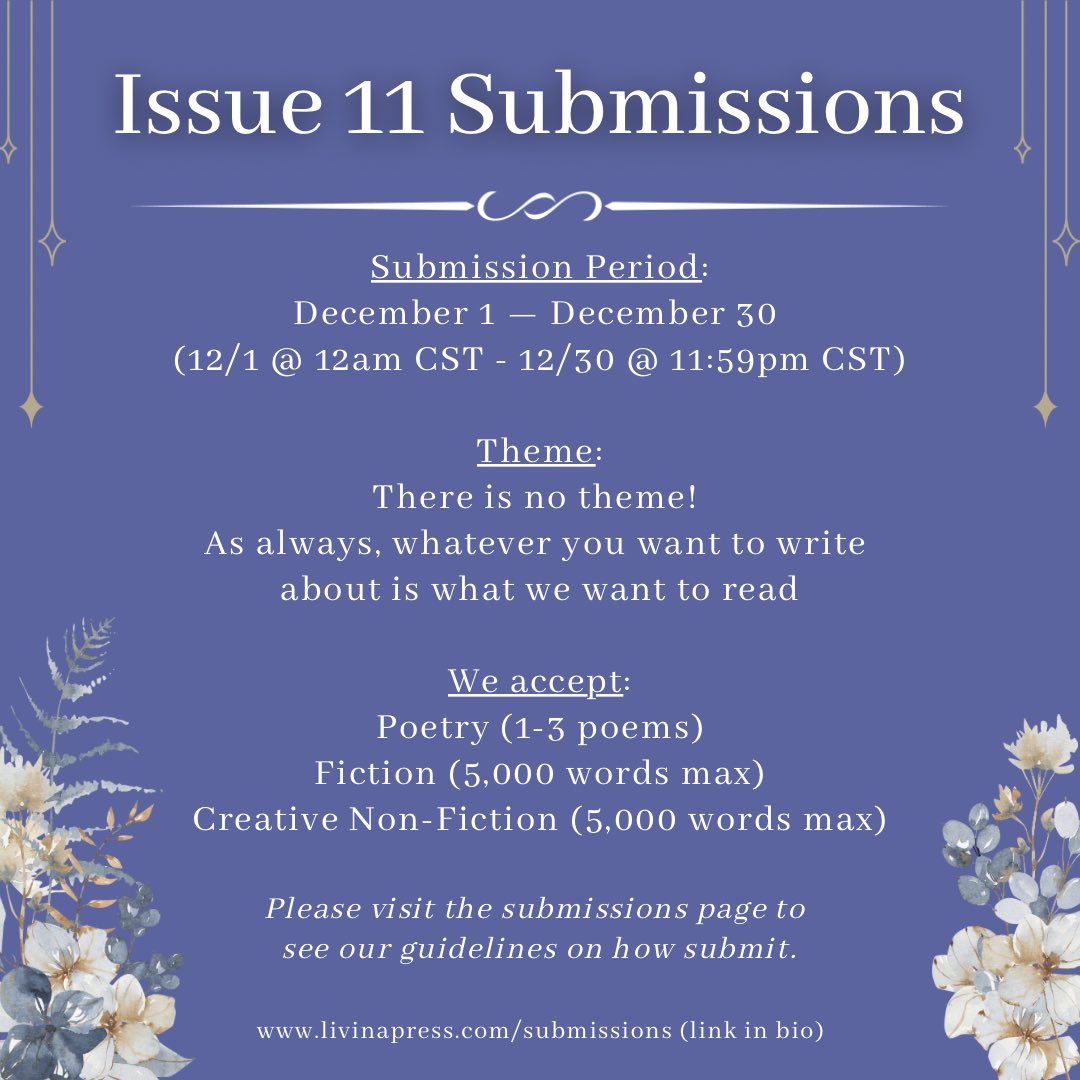 Submissions for Issue 11, the Winter 2024 issue, are open now 💫 

Visit the link in our bio (or below) to see all of the guidelines on how to submit 🫶🏻