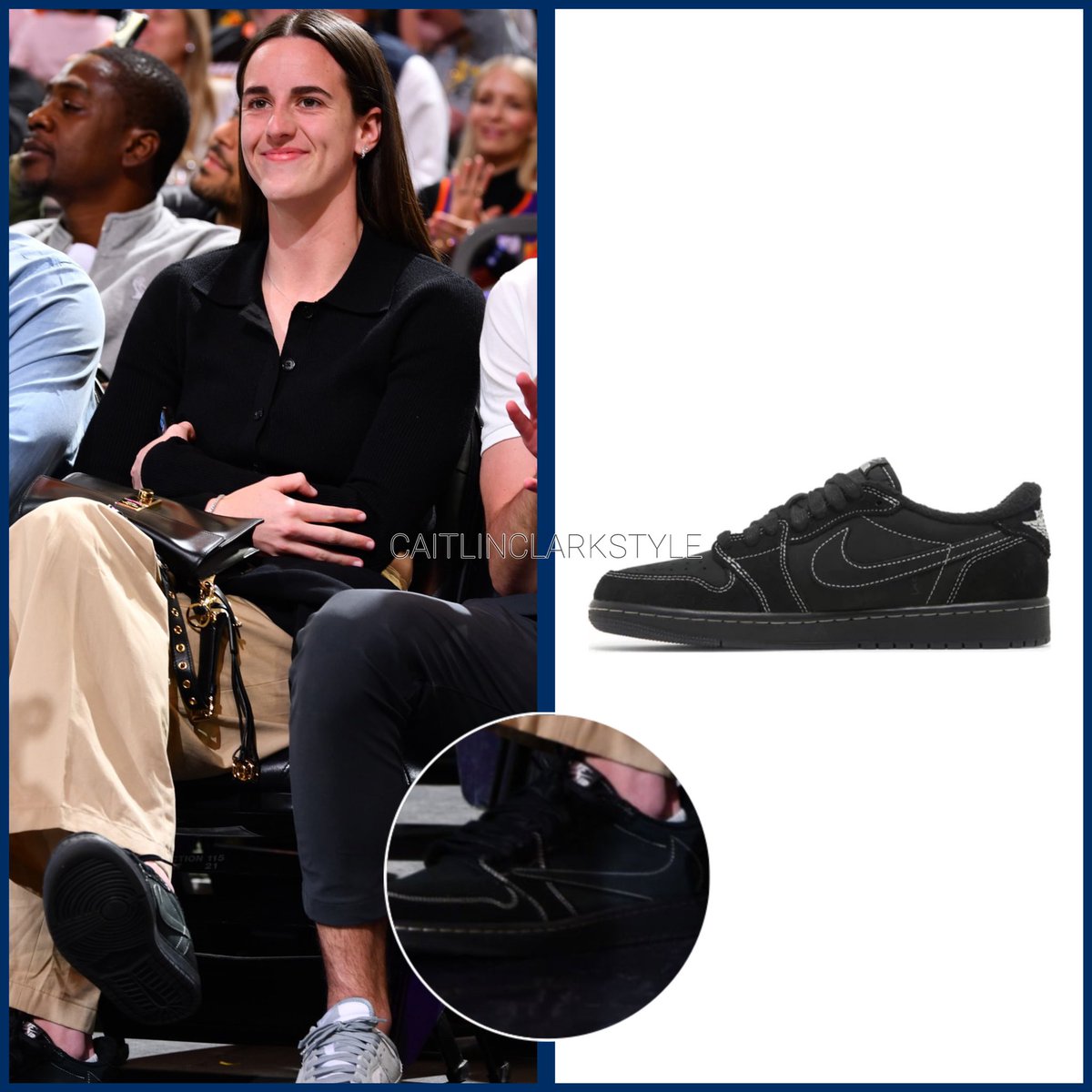 caitlinclarksty's tweet photo. November 30, 2024: @CaitlinClark22 Warriors vs Suns | Phoenix, Arizona | wearing @Nike Air Jordan 1 x Travis Scott Black Phantom. Shop: Sold out, resale starts at $794 https://t.co/cTpSZjuP5a #FarfetchPartner https://t.co/c9XwMnXaIK