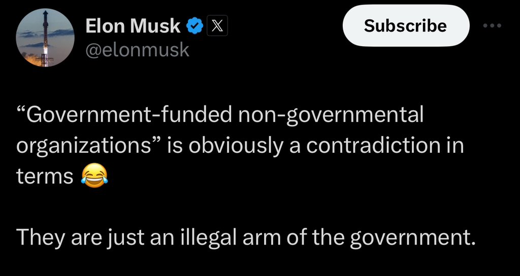Excuse me, but SpaceX is a government-funded non-governmental organization. Elon Musk siphons billions of taxpayer dollars out of the treasury and right into his own pockets. 

And no it’s not illegal, but it sure as fuck ought to be.
