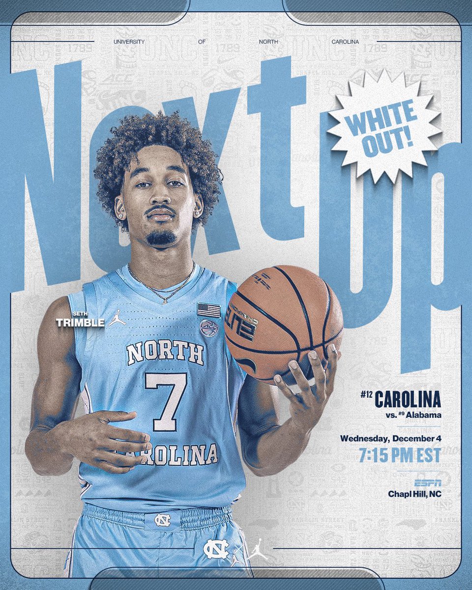 ◽️ WhiteOut Wednesday ◽️

🆚 Alabama
⏰ 7:15 PM EST
📍 Chapel Hill, NC
⚪️ WEAR WHITE!!!