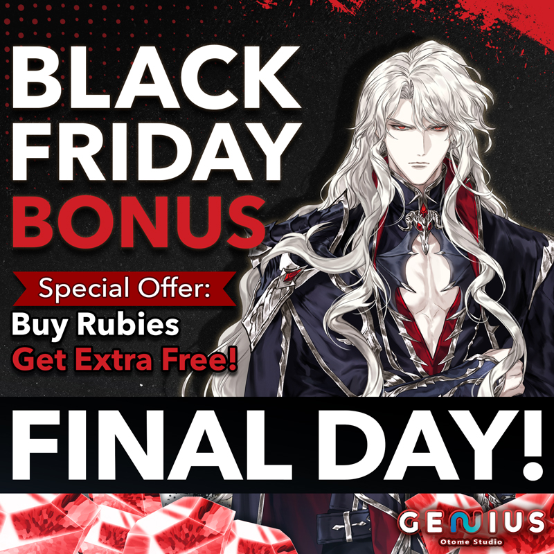 Genius_Romance's tweet photo. ๐ Final Day: Black Friday Bonus! ๐
โจ Buy Rubies & Tickets, Get EXTRA FREE! โจ
๐ Available on all Android apps, Otomaina, and our new Genius Inc. online store for iOS:
๐ https://t.co/BtCmQfLPdN
#BlackFriday #FreeRubies #GeniusInc #OtomeGames #VisualNovel https://t.co/zbd5mPVu4y