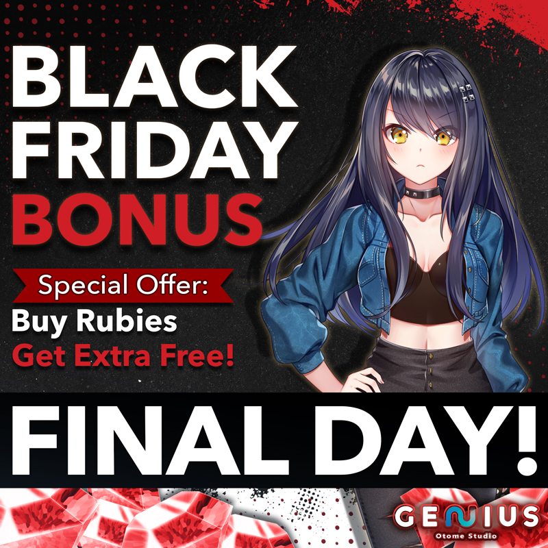 GeniusBishoujo's tweet photo. ๐ Final Day: Black Friday Bonus! ๐
โจ Buy Rubies & Tickets, Get EXTRA FREE! โจ
๐ Available on all Android apps, Anibabe, and our new Genius Inc. online store for iOS:
๐ https://t.co/4BeECUKSkU
#CyberMonday #BlackFriday #FreeRubies #GeniusInc #Sale #Bishoujo #VisualNovel https://t.co/jVlSsKMYi7