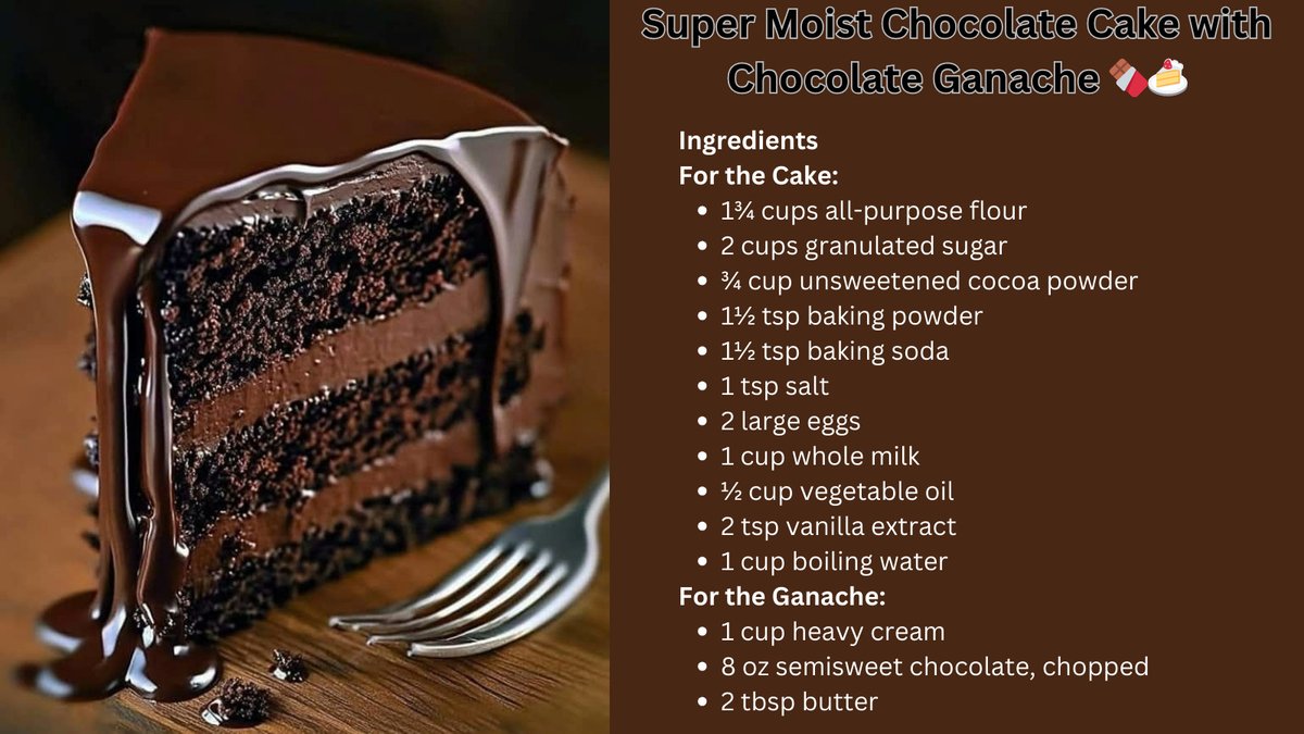 FreakRecipes's tweet photo. Super Moist Chocolate Cake with Chocolate Ganache 🍫🍰😋
This super moist chocolate cake is everything you’ve been dreaming of! Soft, fluffy layers paired with a silky, glossy chocolate ganache—perfect for any chocolate lover.

#ChocolateCake https://t.co/YU41MKmurF