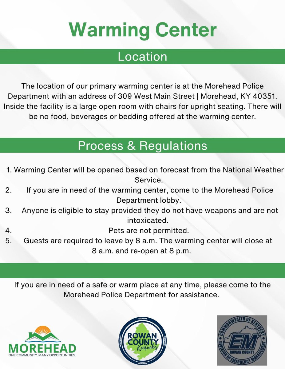 The Warming Center will be open this evening, Sunday, December 1 from 8 p.m. to 8 a.m. at the Community Room located in the Morehead Police Department (309 W. Main St.)