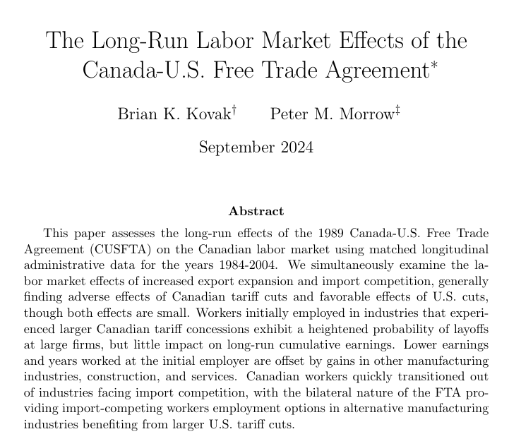 Recently accepted to #REStud, ``The Long-Run Labor Market Effects of the Canada-U.S. Free Trade Agreement,'' from Kovak and Morrow:

restud.com/the-long-run-l…
