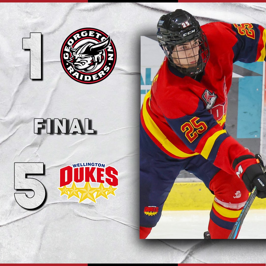 That’s a final; the Dukes defeat the Georgetown Raiders 5-1 and improve to 20-10-0-0 on the season! Ryan Castle had 3 assists to lead the Dukes! Final shots were 35-16 for Wellington

📷 Ed McPherson/OJHL Images

#TotalSportsQuinte | <a href="/TSportsQuinte/">Total Sports Quinte</a>