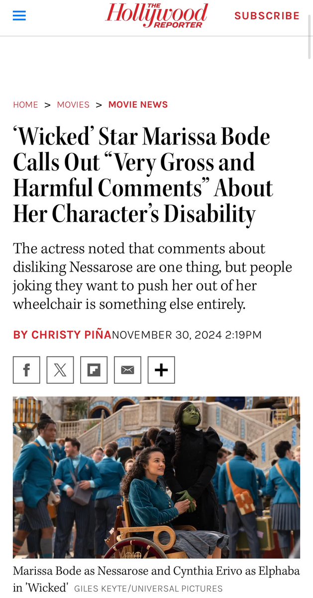 화제의 영화 <위키드>에서 주인공 엘파바의 동생 네사 역할을 맡은 배우 마리사 보디(Marissa Bode)는 실제로 어린시절 교통사고를 당한 후, 휠체어를 사용하는, 장애를 가진 배우. 그녀는 평소 자신의 플랫폼을 통해 다양한 의견을 개진하곤 해왔는데, <위키드> 개봉 후, 틱톡을 통해 자신이 연기한