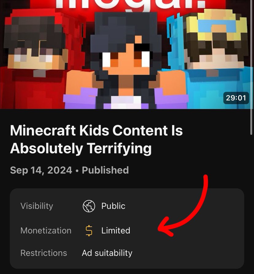 Well, it finally happened. 

My entire 30-minute documentary exposing and spreading awareness about YouTube's massive Minecraft "kids content" issue got ad limited - for a 4 second clip.