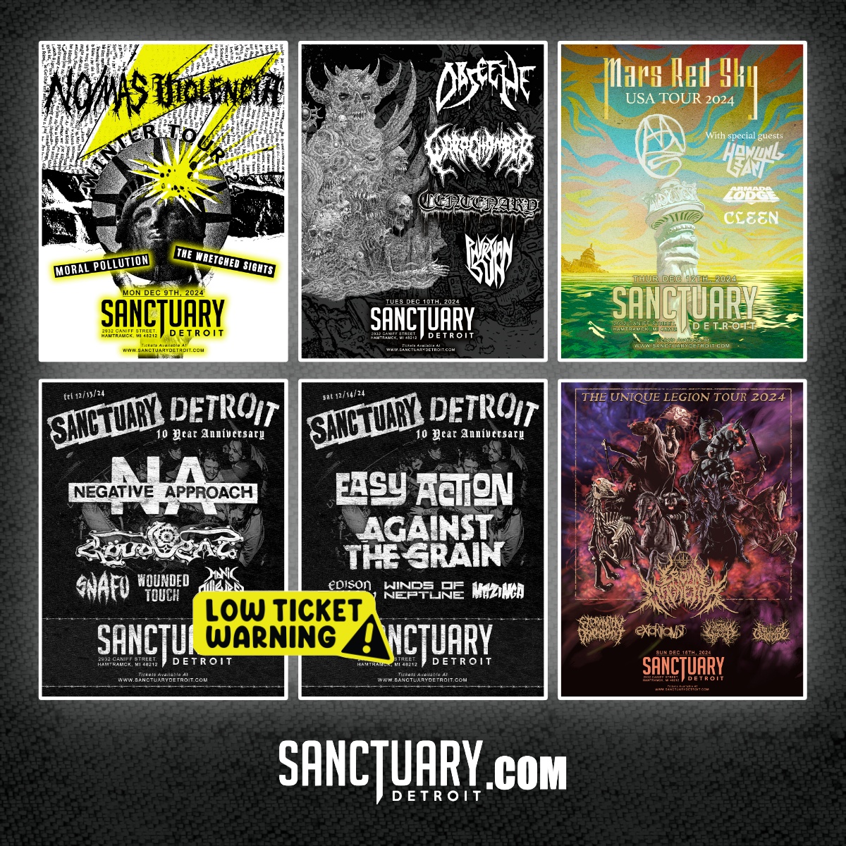 THIS WEEK AT THE SANCTUARY! No/Mas, Violencia, Obscene, Warp Chamber, Mars Red Sky, Howling Giant, Negative Approach, Cloud Rat, Easy Action, Against The Grain, Crown Magnetar, Extermination Dismemberment and so many more! Grab your tickets at sanctuarydetroit.com