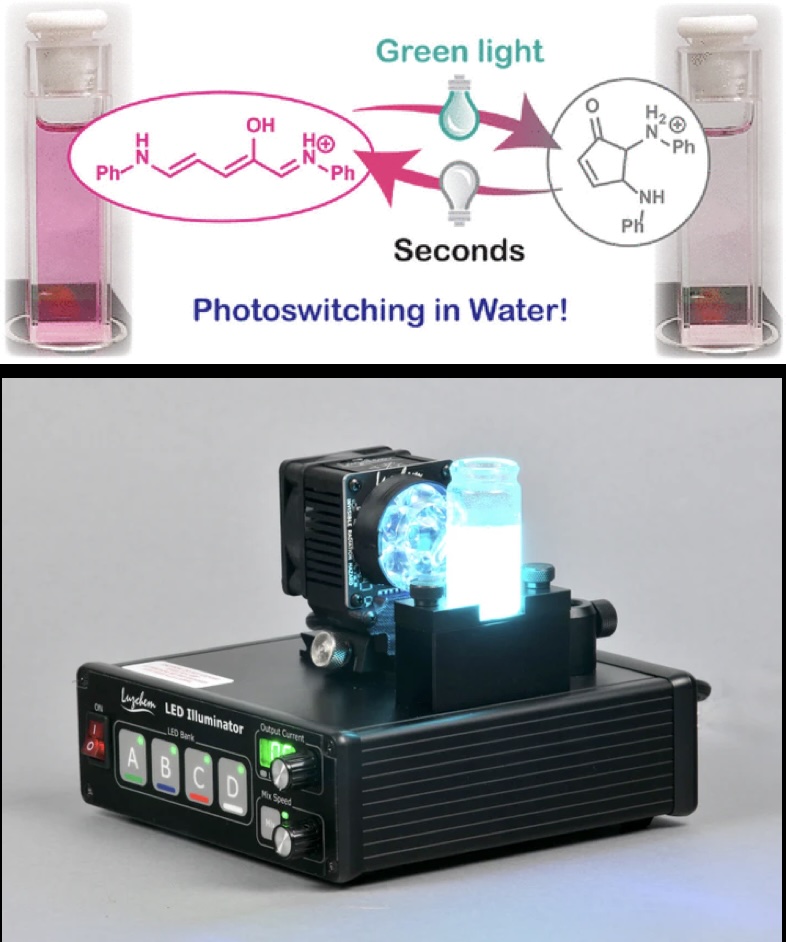 In a recent JACS publication the Peterson group at Bowling Green  uses the RGB head of Luzchem's LEDi illuminator to enable very novel green light aqueous photoswitching chemistry. Really nice contribution!
pubs.acs.org/doi/10.1021/ja…