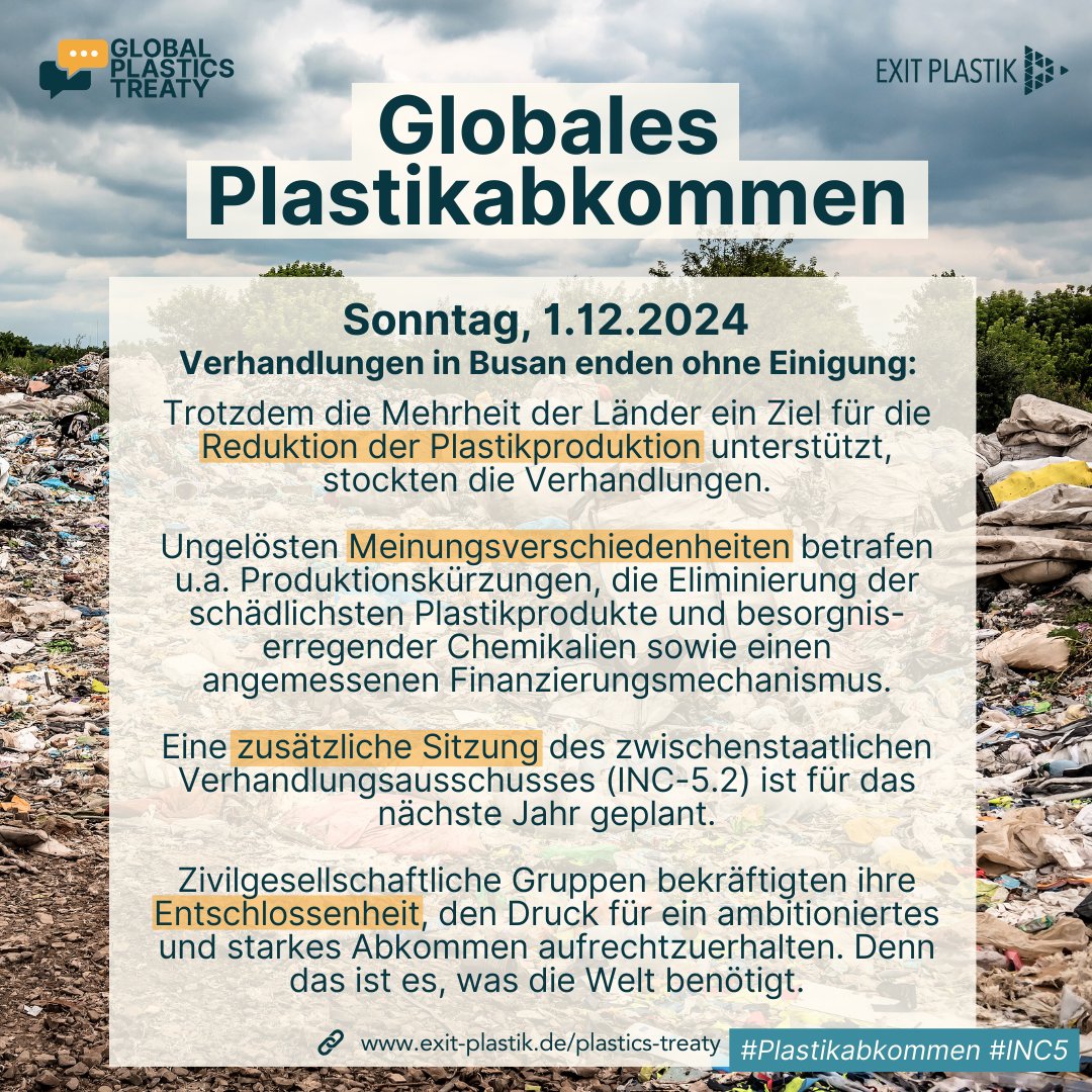 Siebter und letzter Verhandlungstag für ein globales #Plastikabkommen endete ohne Einigung der Länder.

In einer Sondersitzung im nächsten Jahr sollen bestehende Meinungsverschiedenheiten gelöst werden.

👀Mehr: exit-plastik.de/plastics-treaty

#INC5 #Plastikwende #beatplasticpollution
