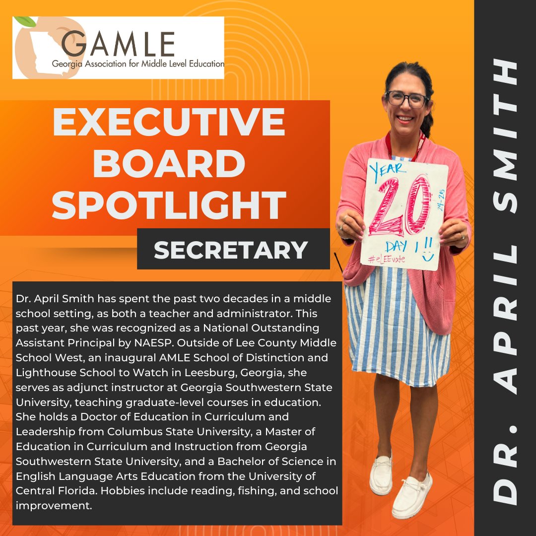 ✨ Meet Dr. April Smith! ✨
We’re so lucky to have her on the GAMLE Board of Directors! 💛🖤

Follow us to meet more of our incredible team and see how we’re shaping the future of middle-level education!
