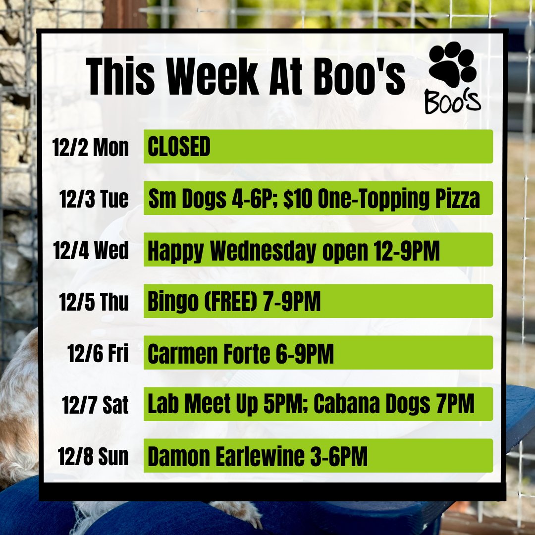 BoosIcehouse's tweet photo. 🐾 Boo's calendar for the week of Dec 2nd 

#boosdogbar
#sarasota  #thingstodosrq #dogbar #floridadogs #decemberinflorida https://t.co/blRHUYkkEA