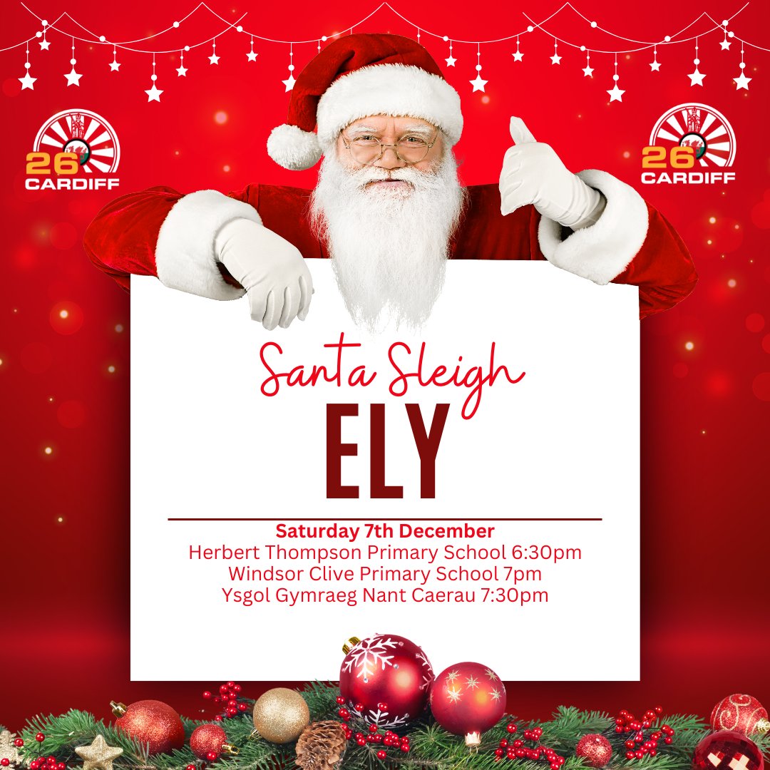 Cardiff Round Table are pleased to announce that Santa will be returning to Cardiff this week on his sleigh:

Monday - Llanedeyrn &amp; Pentwyn
Wednesday - Radyr, Danescourt &amp; Fairwater
Friday - Penylan &amp; Roath
Saturday - Ely
Sunday - Tesco, Western Avenue 10-4