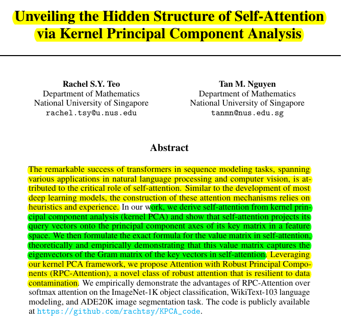Self-attention is actually doing kernel PCA under the hood - now we can make it robust

So how does Self-attention works: it's kernel PCA in disguise, as proposed in this paper.

🤔 Original Problem:

Self-attention in transformers has been developed through heuristics and
