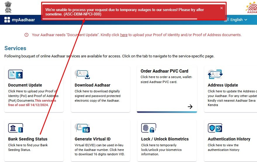 BRoutray_91's tweet photo. Dear @NPCI_NPCI @UIDAI for some days, we are facing outage issue notification in the aadhaar portal while clicking the Bank Seeding option.Please check this issue. @Aadhaar_Care @NPCI_BHIM @UPI_NPCI @RuPay_npci #Aadhaar #Aadhaarportal https://t.co/1RTZrQMQxO